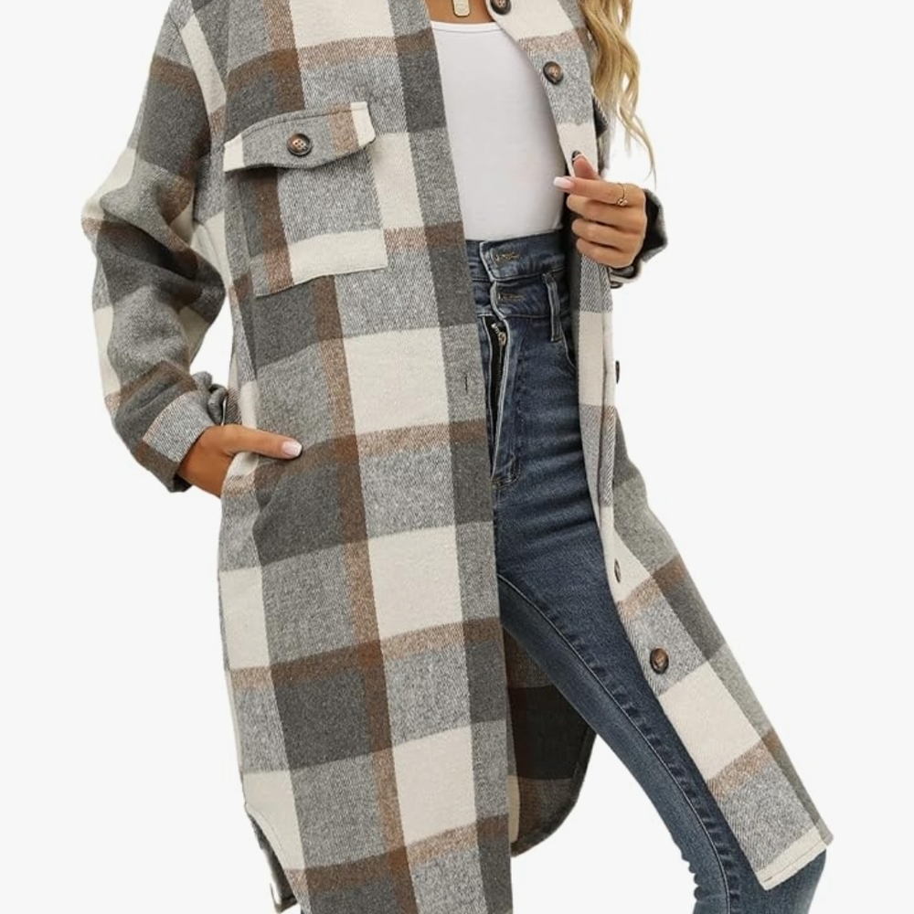 Chic Plaid Longline Coat - Cream and Gray